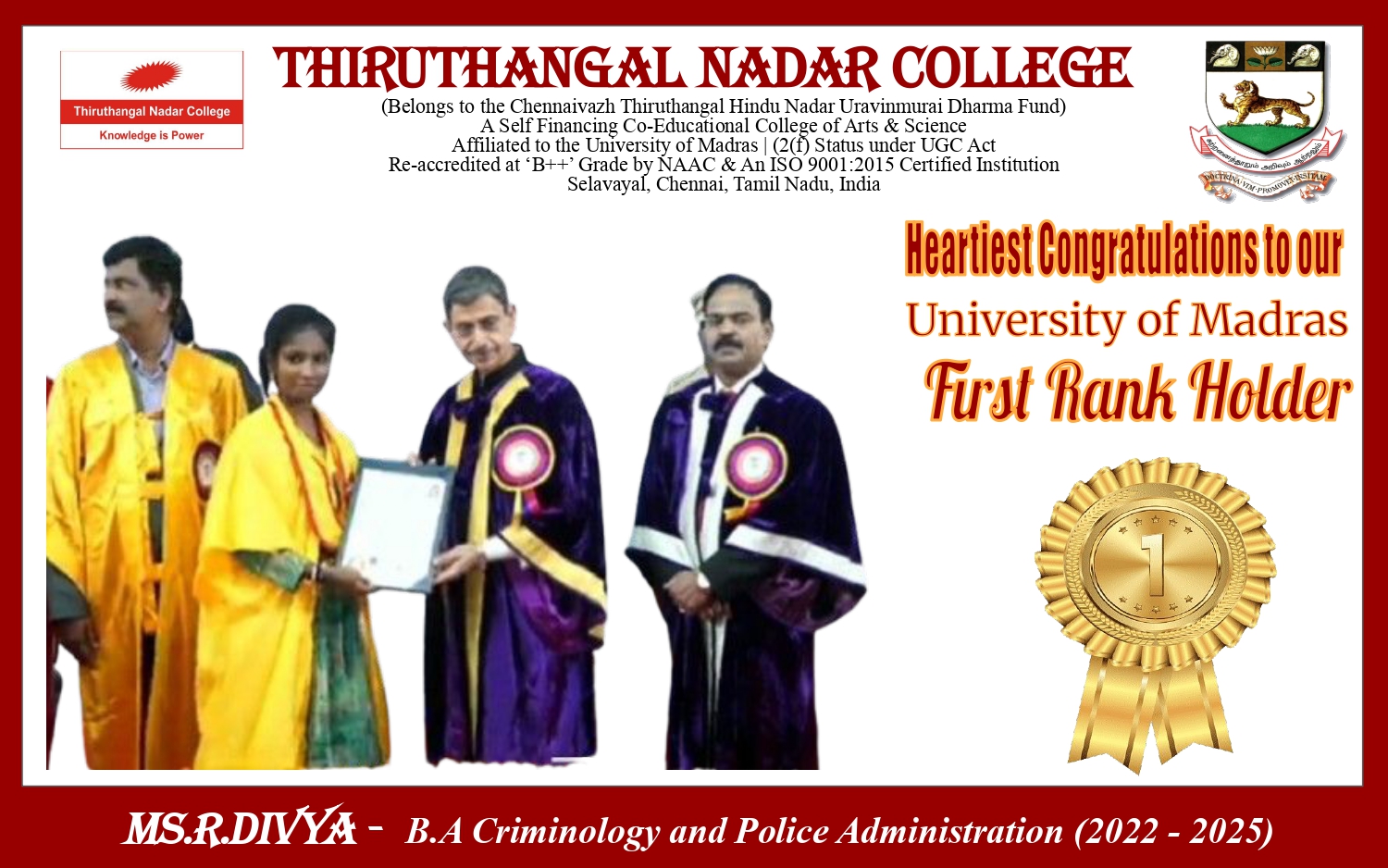 Ms.R.Divya - B.A Criminology and Police Administration (2022 - 2025) - University First Rank Holder
